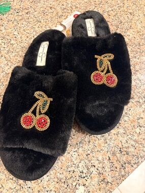 Jessica Simpson Black Fuzzy Slide Slippers with Red Beaded Cherry Accent